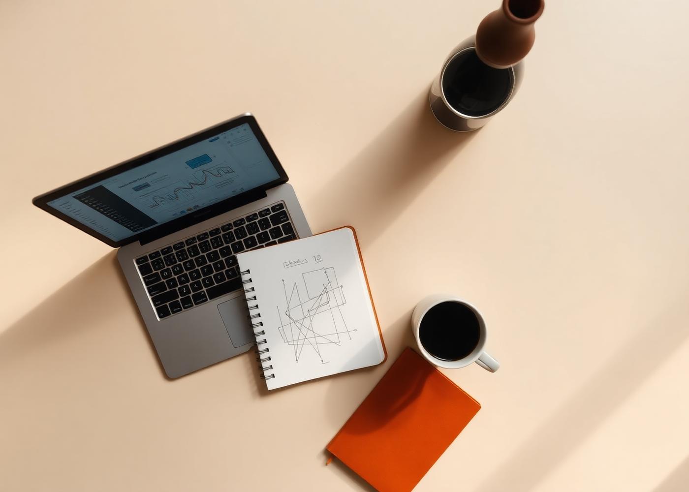 Overhead view of a developer's workspace with a laptop, notebook and coffee
